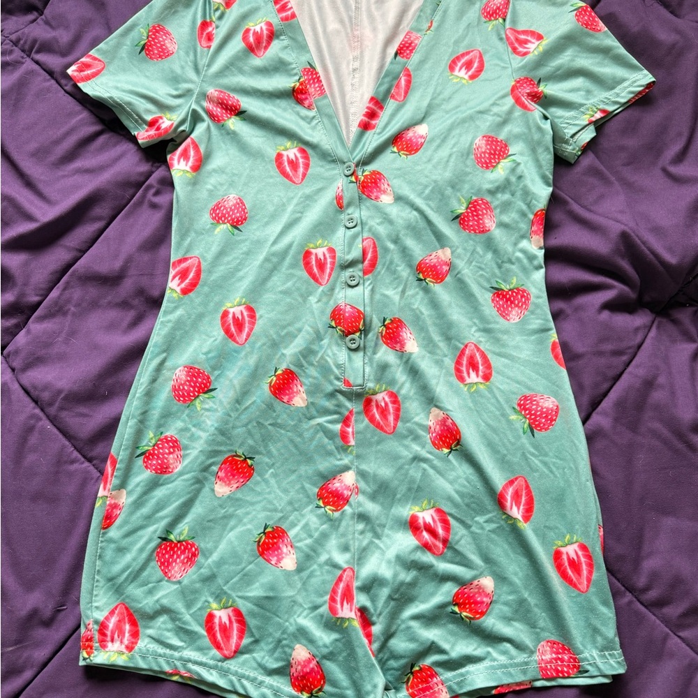 SHEIN Green and Red strawberry Pajama Romper